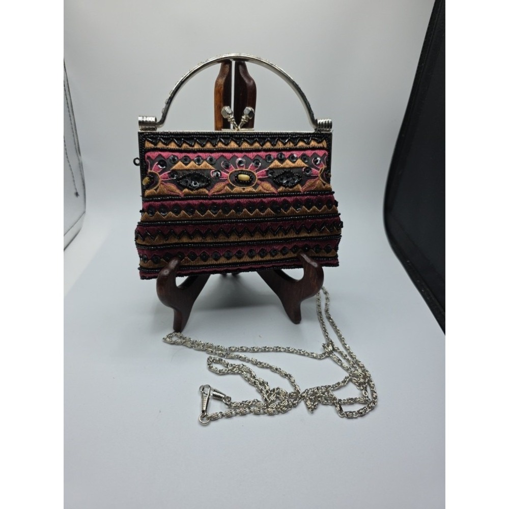 Beaded Evening Bag Silver Handle Clutch Purse Vintage Style Crossbody Strap 7"